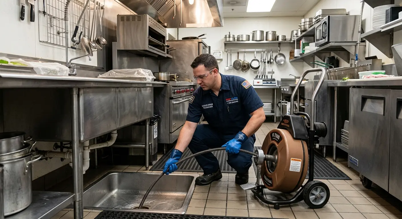 Commercial drain cleaning service in a restaurant kitchen in Vandenberg Village