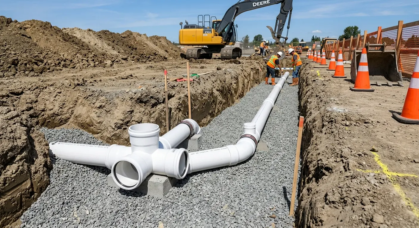 New PVC sewer pipe installation in open trench for Sewer Backup in Vandenberg Village