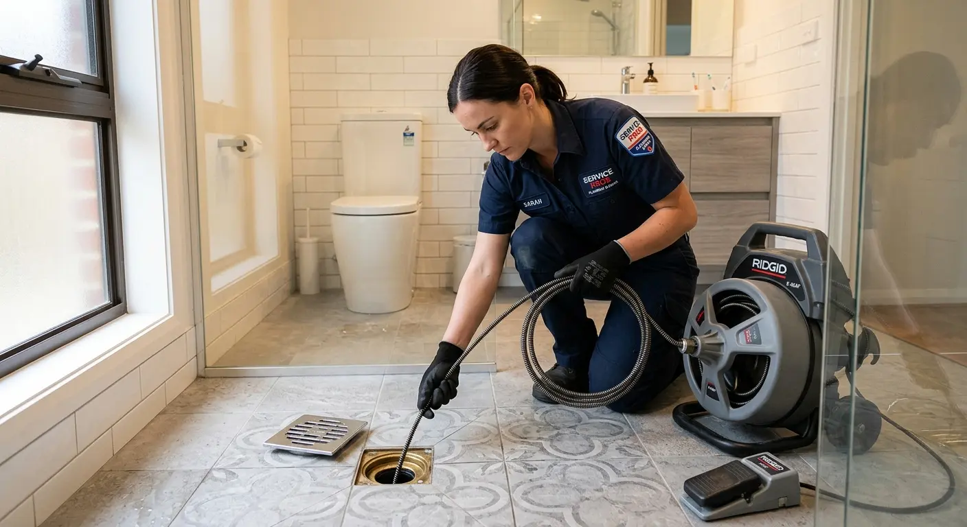 Technician clearing a bathroom floor drain for Drain Repair in Vandenberg Village